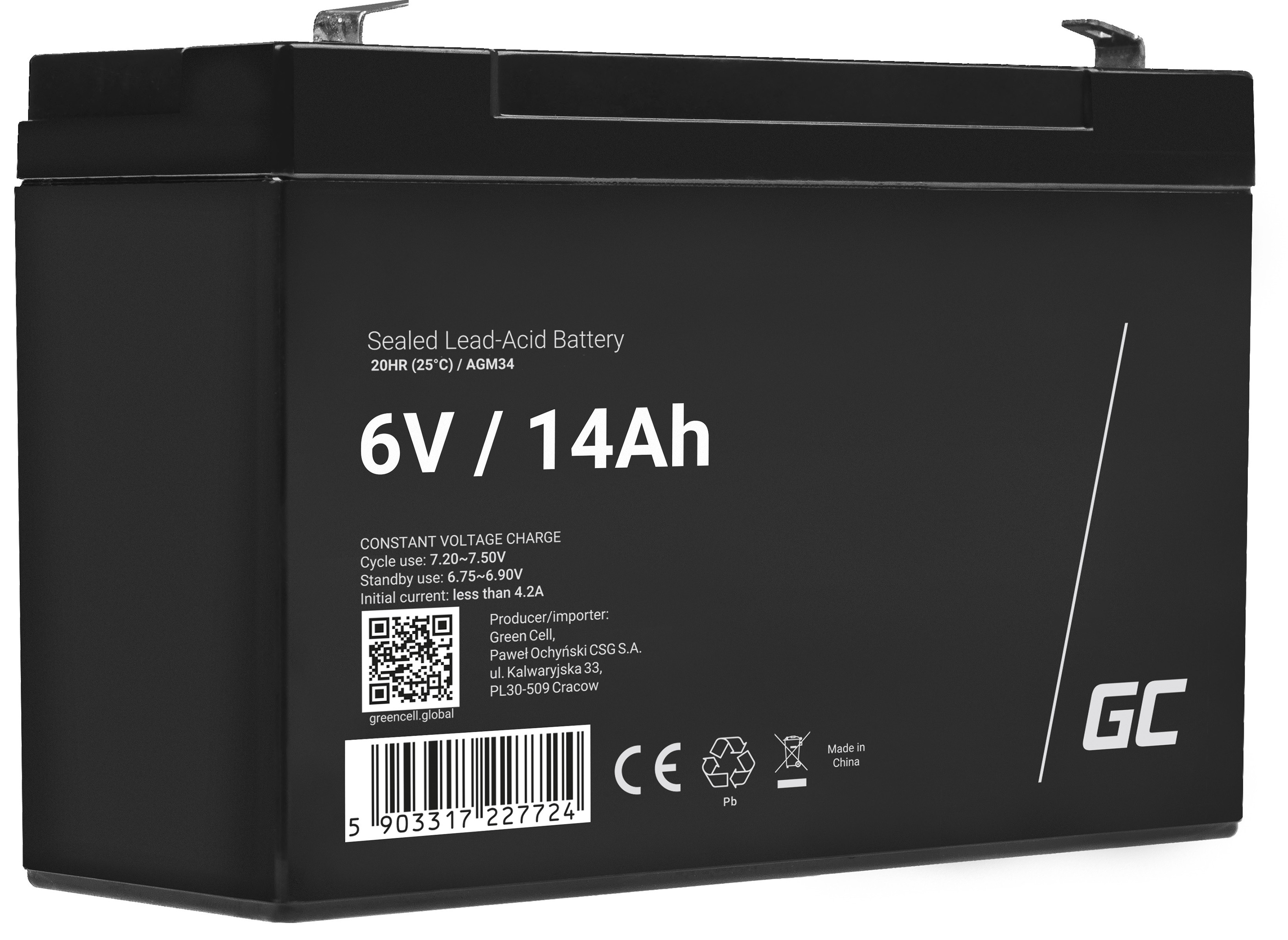 GREEN CELL AGM Battery Lead Acid VRLA - 6V - 14Ah
